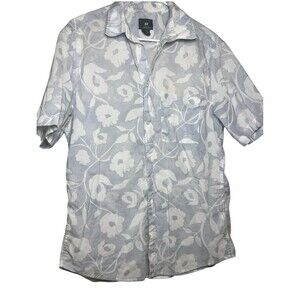 H & M Men’s Hawaiian Short Sleeve Button Down Shirt Blue White Floral Sz M